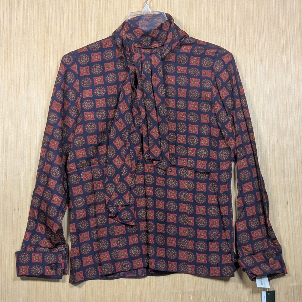 Vintage Charter Club Petites Blouse Patterned Bow Neck Old Money Retro Women's 6